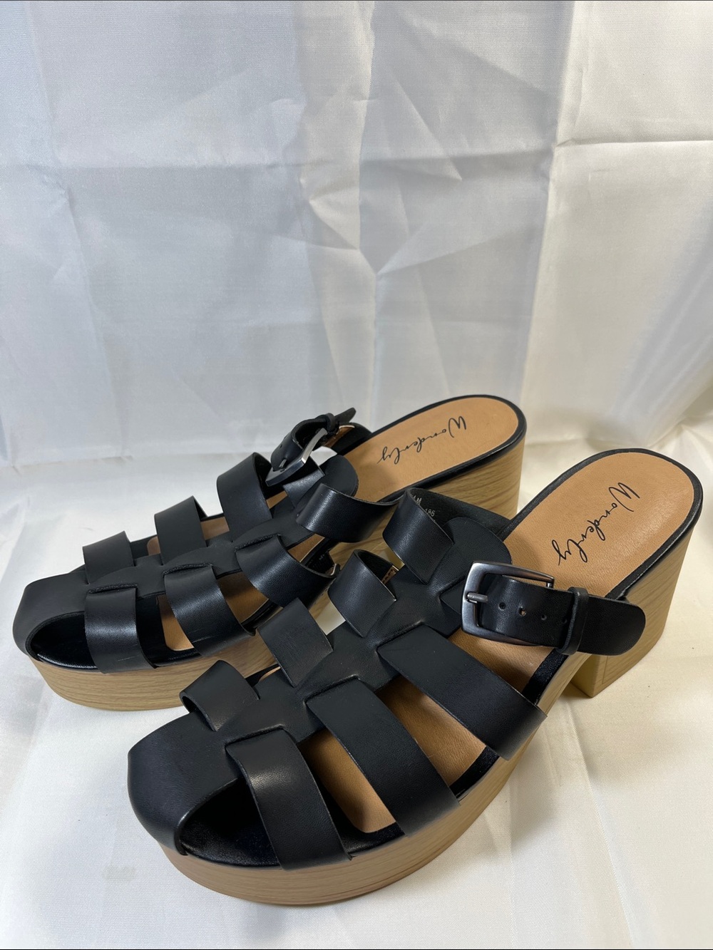 Wonderly Black Woven Leather Platform Clog Mules with Wood-Look Heel